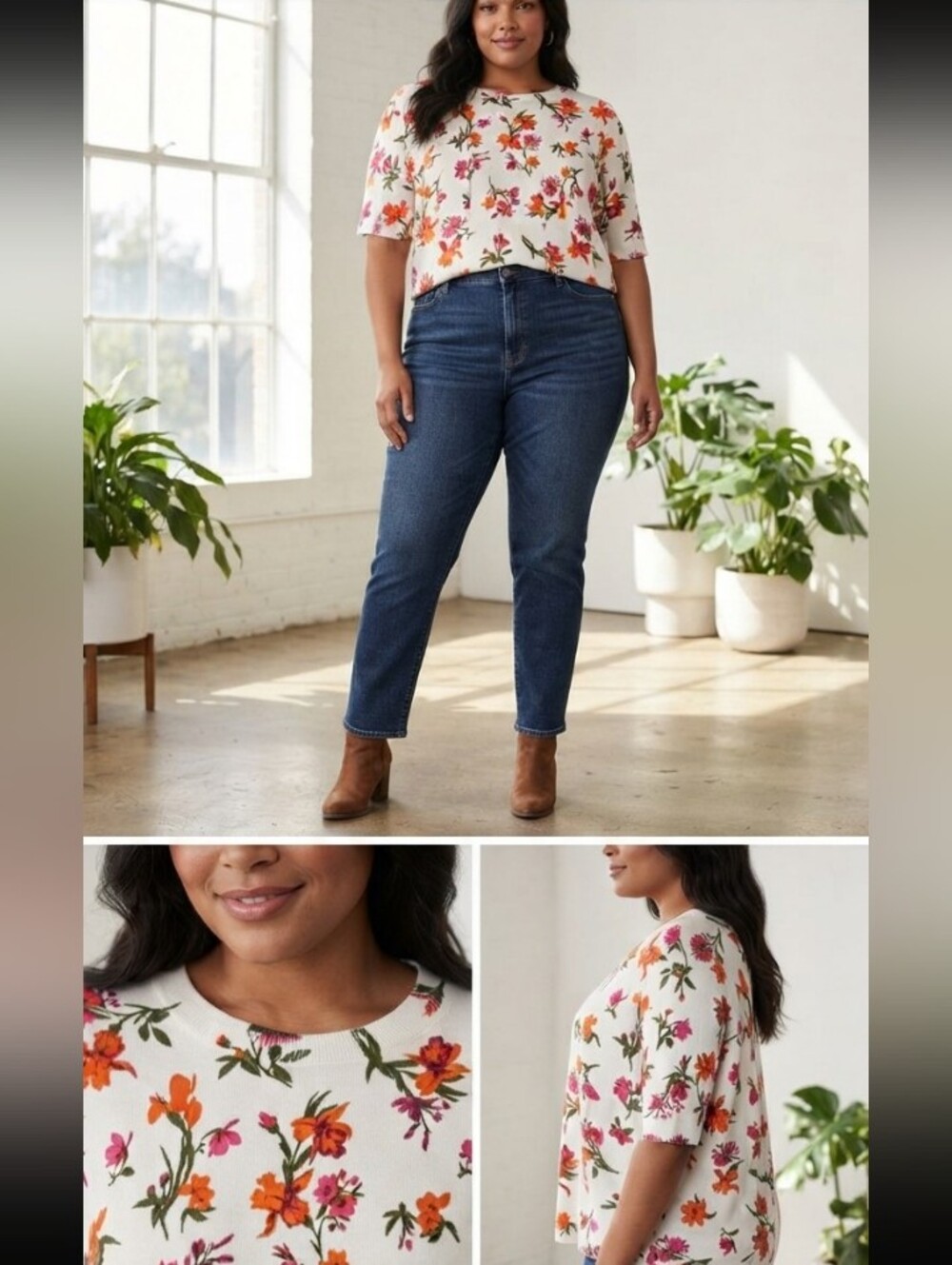 Vince Camuto Floral Short Sleeve Crew Neck Sweater XXL White Orange Pink Knit